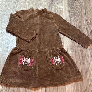 Y2K Brown Corduroy Long Sleeve Dress with Embroidered Pockets